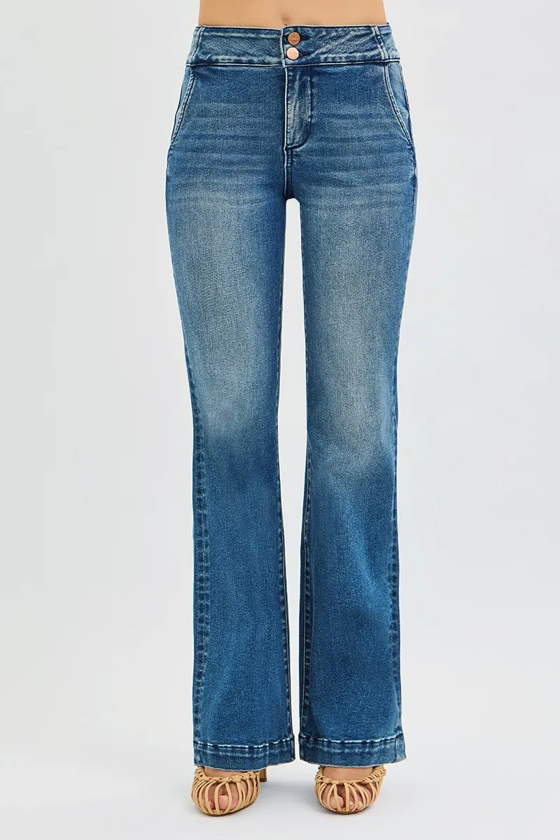 RISEN Full Size Tummy Control High Rise Bootcut Jeans with Double Button Waistband Plus Size on Simply Obsessed