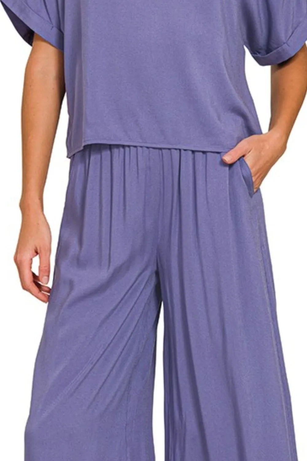 Zenana Round Neck T-Shirt and Wide Leg Pants Set on Simply Obsessed
