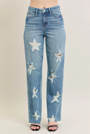 JUDY BLUE Full Size High Waist Rigid Magic Star Shaped Destroy 90's Straight Jeans Plus Size on Simply Obsessed