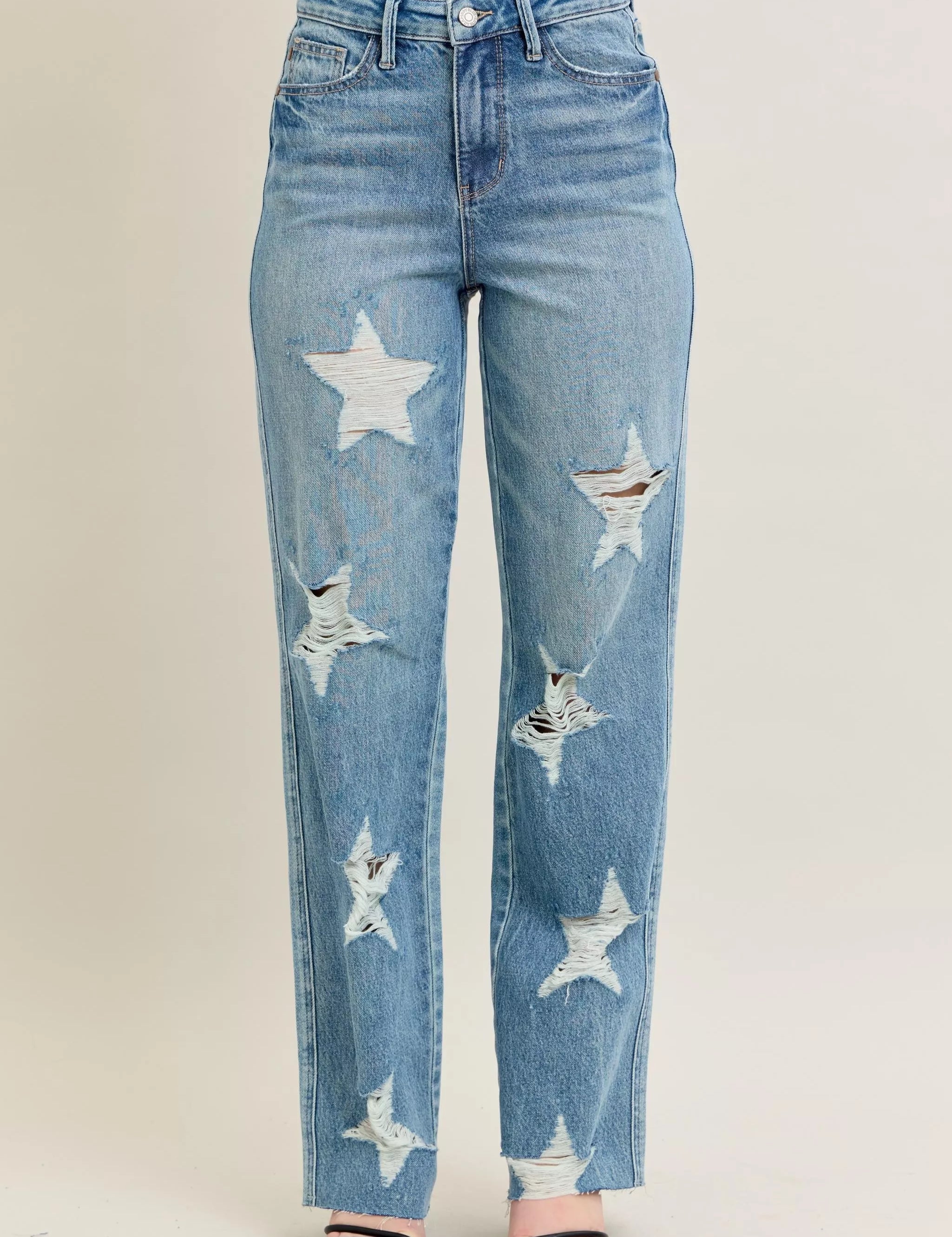 JUDY BLUE Full Size High Waist Rigid Magic Star Shaped Destroy 90's Straight Jeans Plus Size on Simply Obsessed