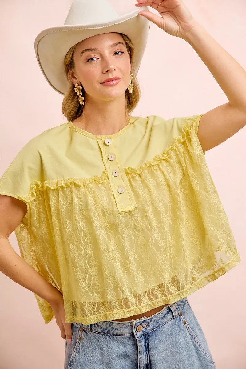 BIBI Solid Jersey With Lace Combo Ruffled Buttoned Top on Simply Obsessed