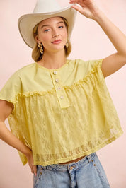 BIBI Solid Jersey With Lace Combo Ruffled Buttoned Top on Simply Obsessed