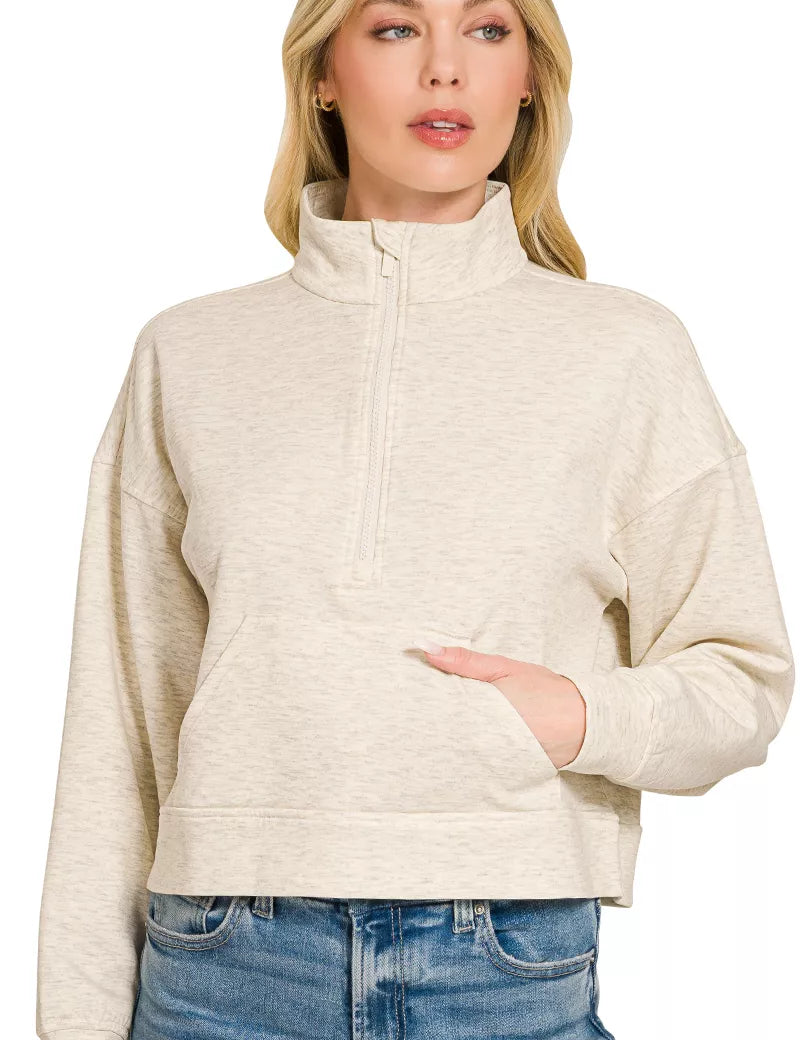 ZENANA Scuba Half Zip Pullover With Kangaroo Pockets on Simply Obsessed