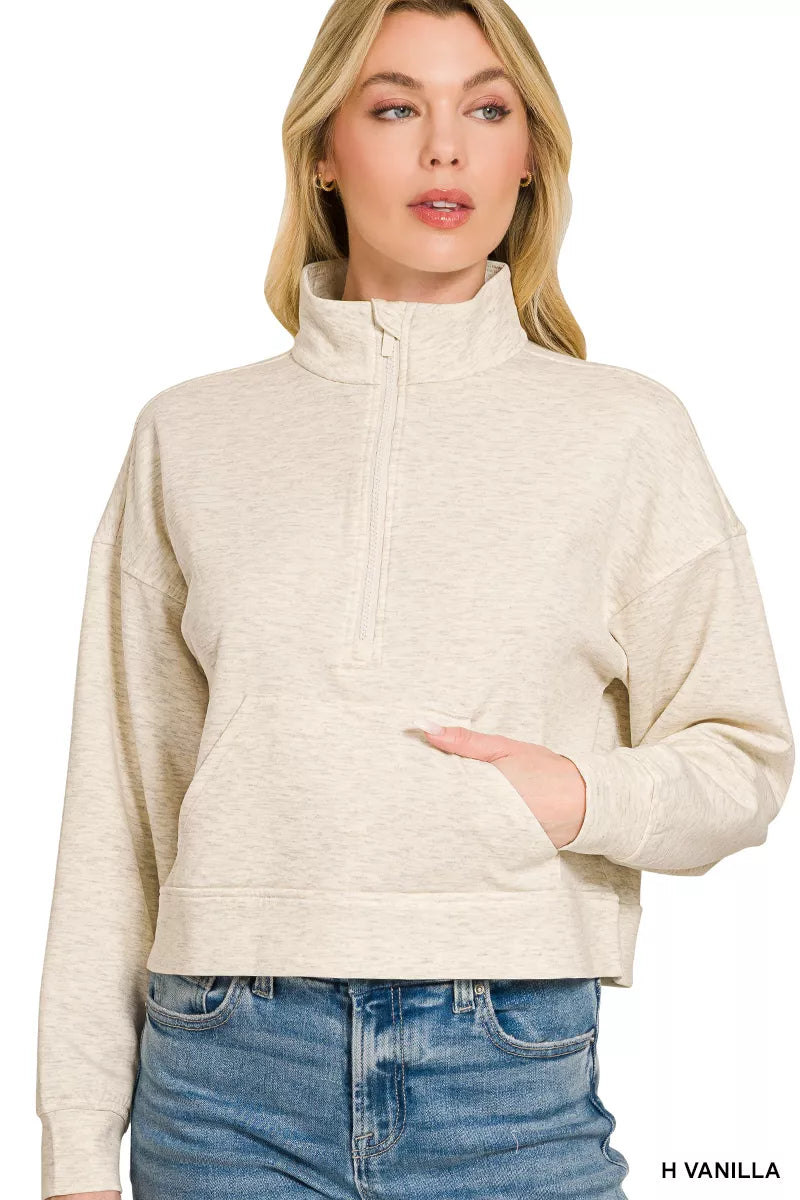 ZENANA Scuba Half Zip Pullover With Kangaroo Pockets on Simply Obsessed