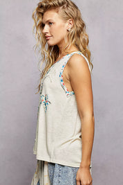 POL Floral Print Star Patch V-Neck Ribbed Tank on Simply Obsessed