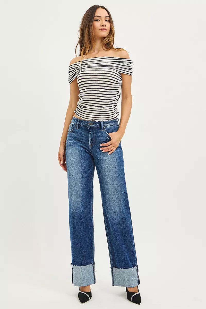 RISEN Mid Rise Wide Straight Jeans With Wide Cuff on Simply Obsessed