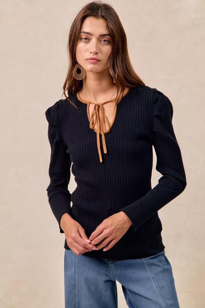 BiBi Ribbed Contrast Front Tied Top with Shrried on Simply Obsessed