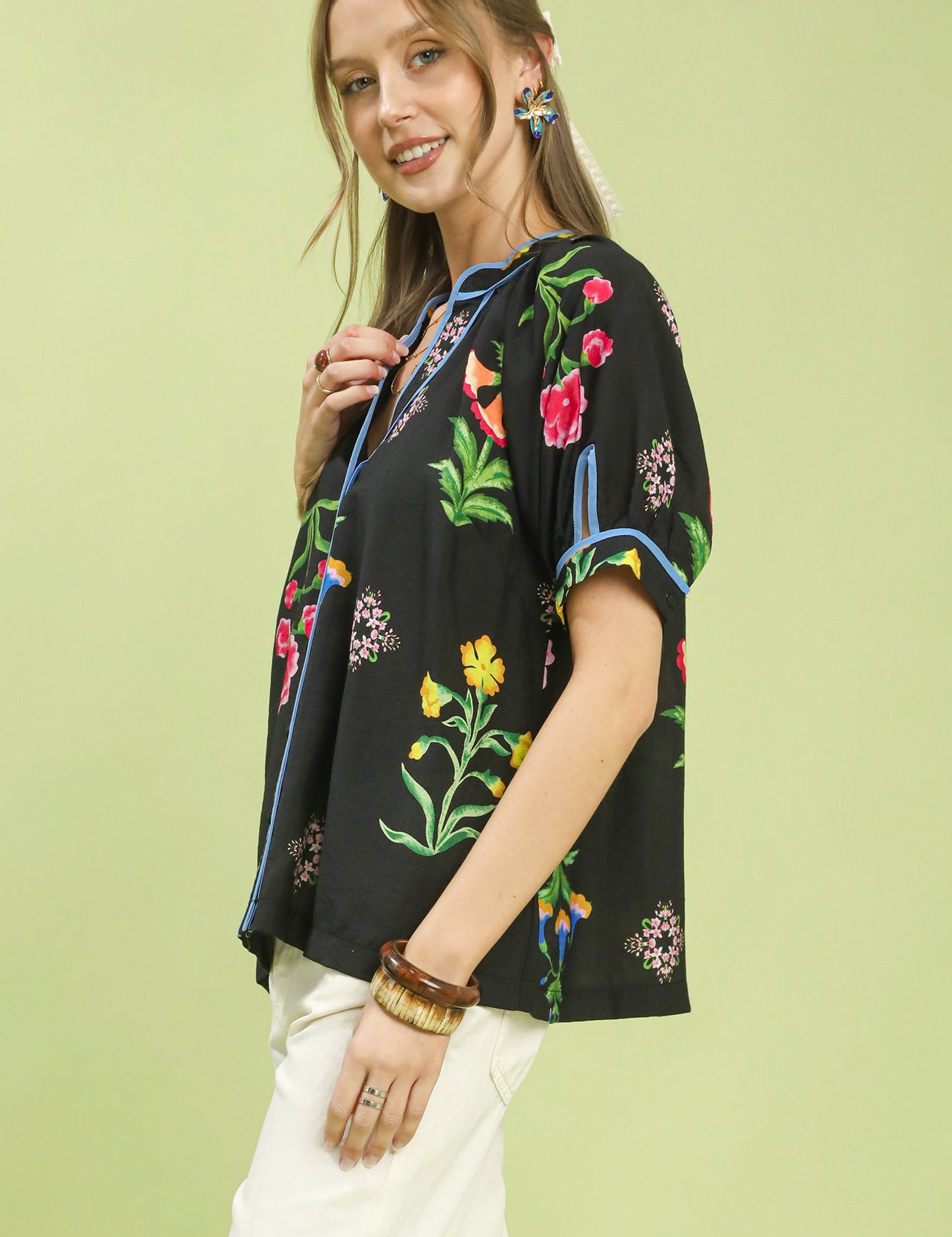 UMGEE Botanical Print Contrast Trim Button Blouse **DEBUT SALE** on Simply Obsessed