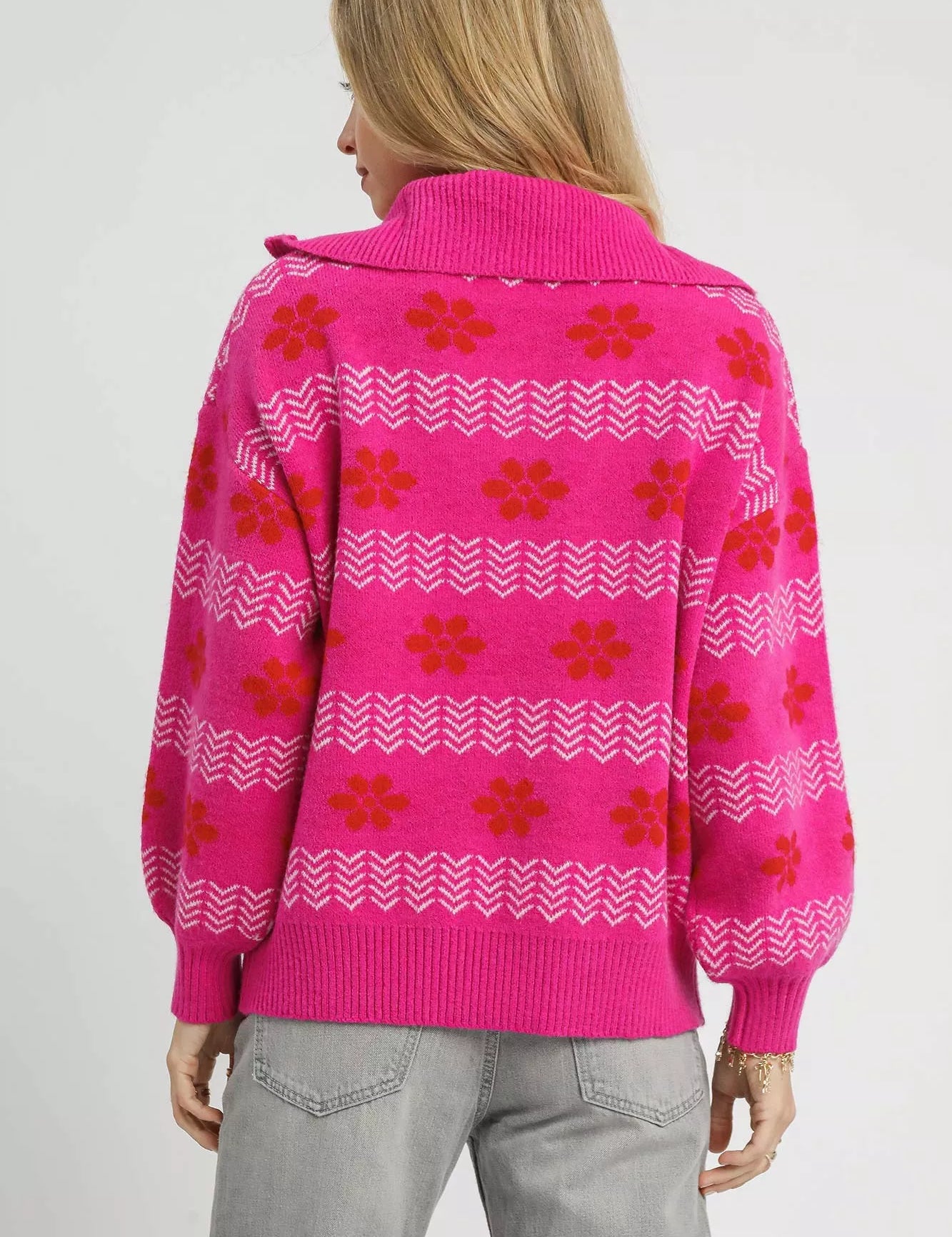Umgee Floral Patterned Jacquard Quarter-Zip Pullover Sweater on Simply Obsessed