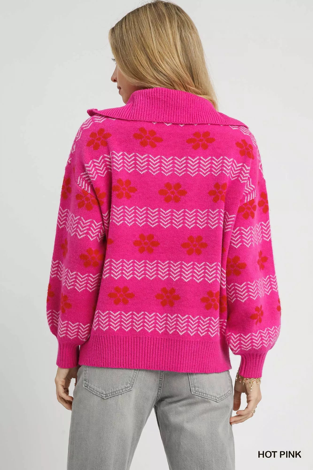Umgee Floral Patterned Jacquard Quarter-Zip Pullover Sweater on Simply Obsessed
