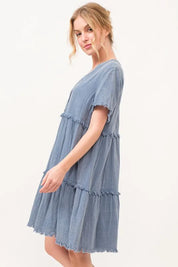 AND THE WHY Washed Frayed Detail Tiered Dress on Simply Obsessed