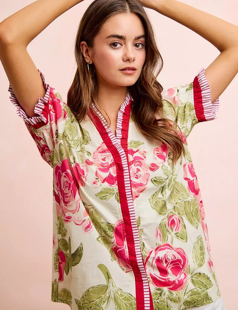 BiBi Floral Printed Woven Contrast Edge Ruffled Blouse on Simply Obsessed