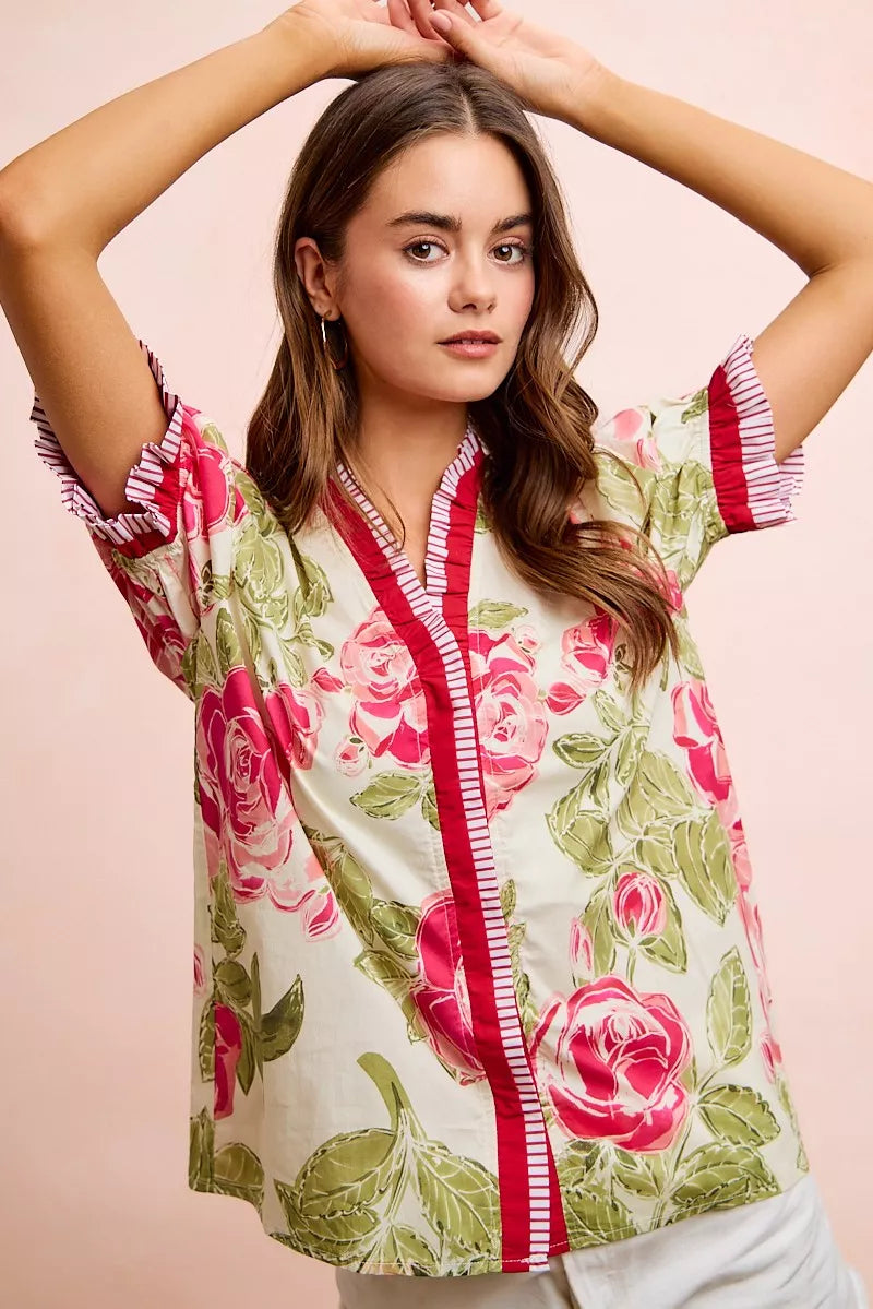 BiBi Floral Printed Woven Contrast Edge Ruffled Blouse on Simply Obsessed