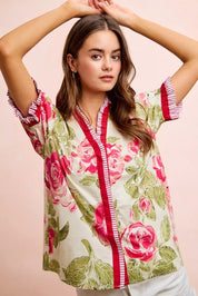 BiBi Floral Printed Woven Contrast Edge Ruffled Blouse on Simply Obsessed