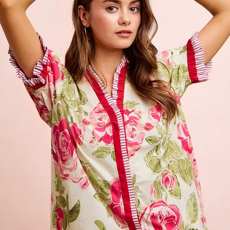 BiBi Floral Printed Woven Contrast Edge Ruffled Blouse on Simply Obsessed