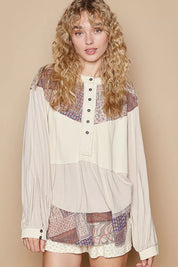 POL Half Button Balloon Sleeve Top with Printed Knit Contrast on Simply Obsessed