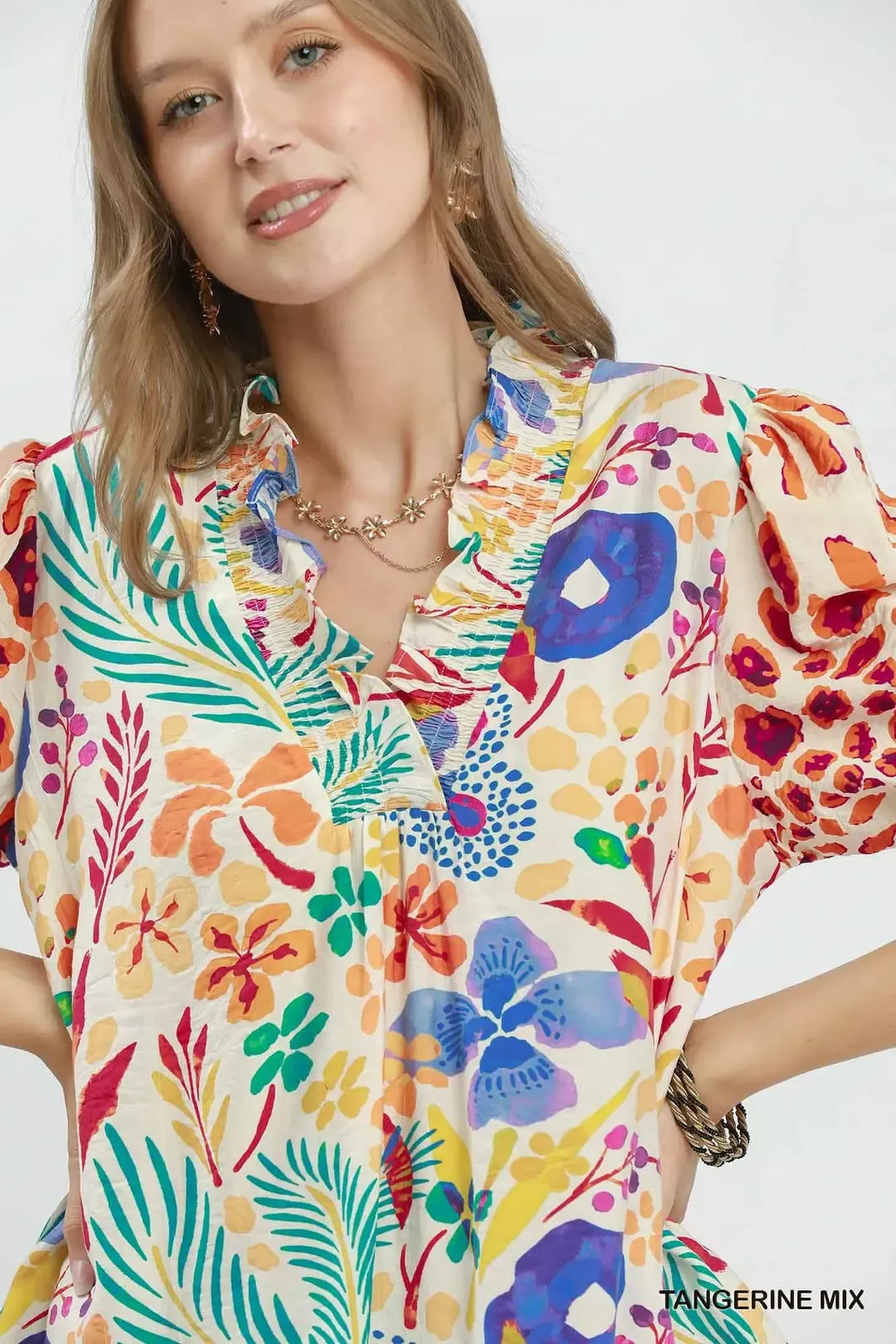 UMGEE V-Neck Ruffle Trim Puff Sleeve Top on Simply Obsessed