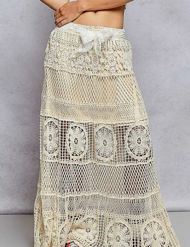 POL Crochet Floral Flared Skirt with Elastic Waist Band on Simply Obsessed