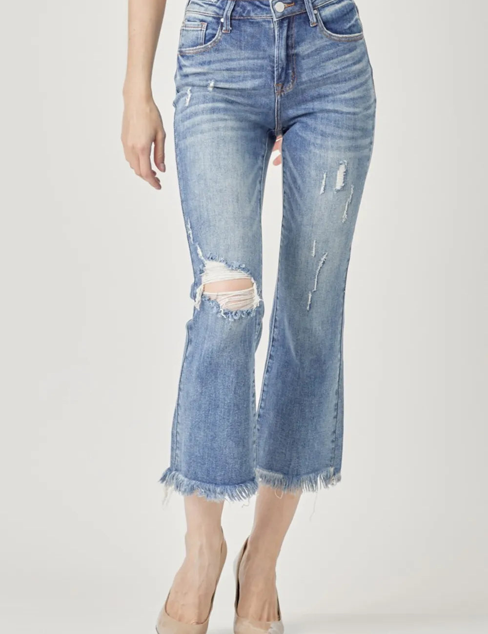RISEN High Waist Distressed Cropped Bootcut Jeans on Simply Obsessed