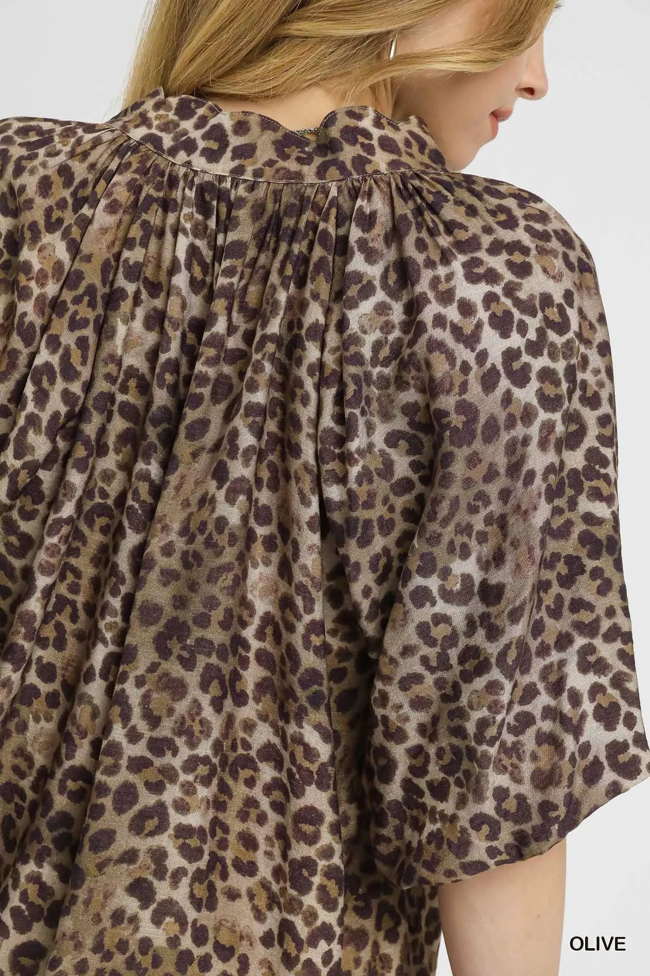 Umgee Leopard Bubble Sleeve Scalloped Hem Blouse on Simply Obsessed