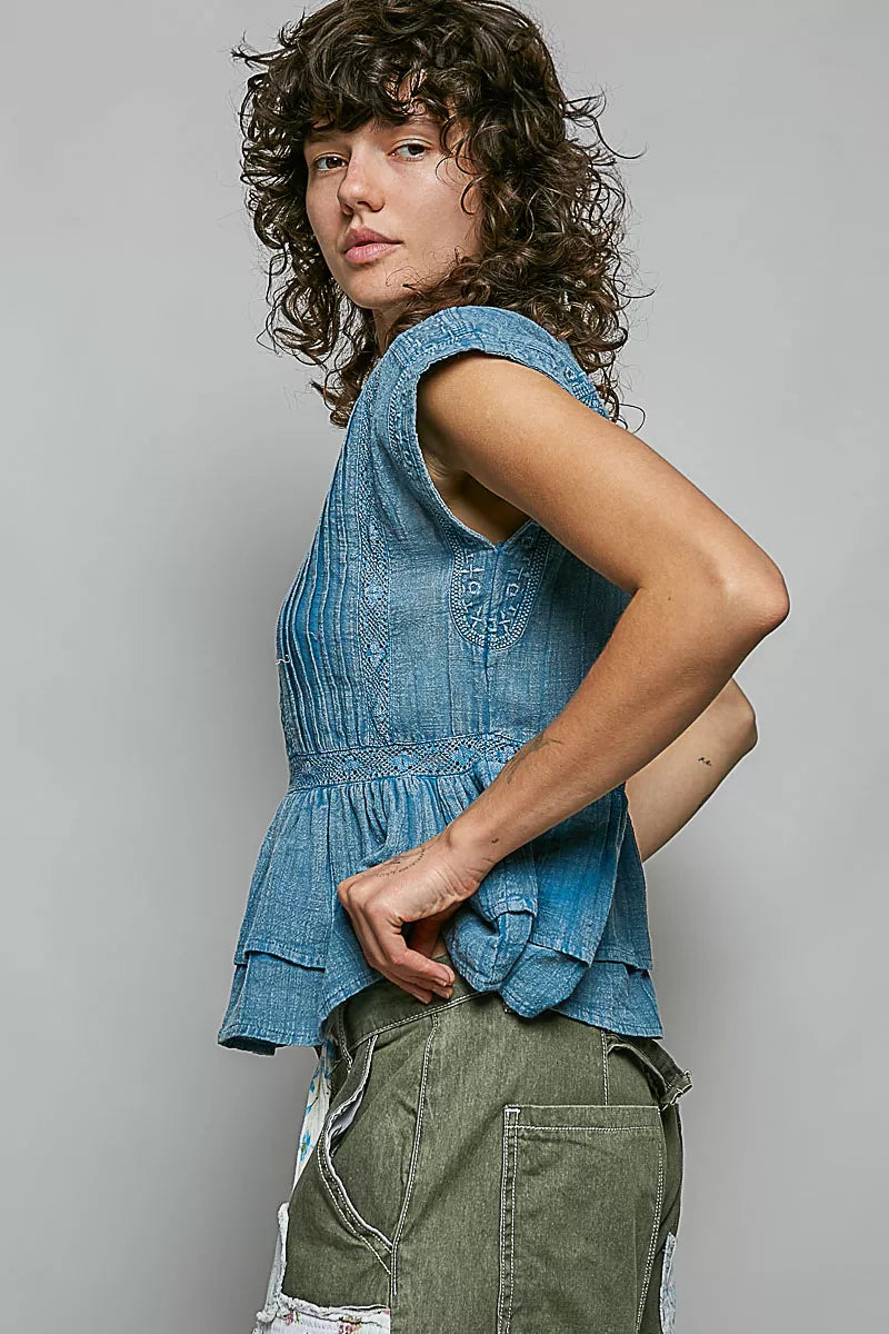 POL Eyelet Embroidery Pintuck Sleeveless Cotton Blouse on Simply Obsessed