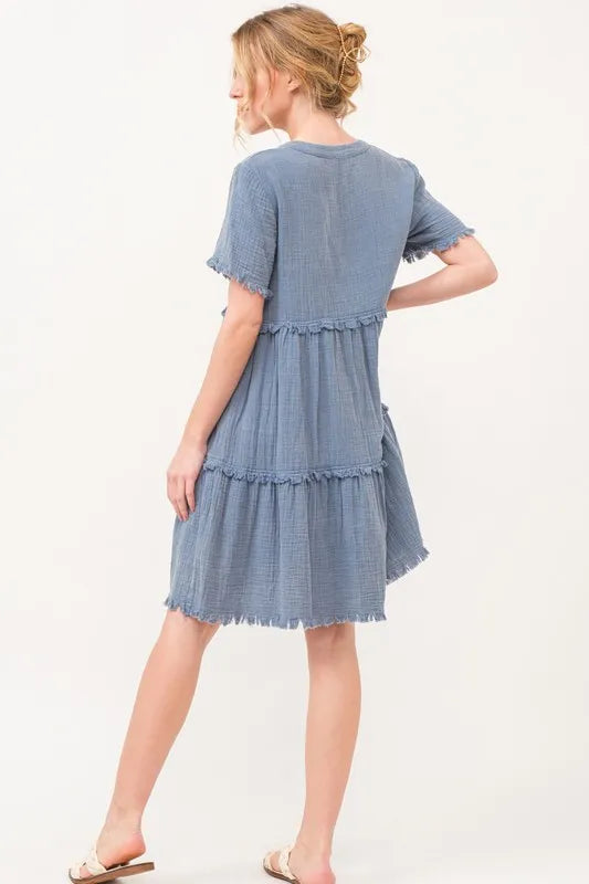 AND THE WHY Washed Frayed Detail Tiered Dress on Simply Obsessed