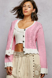 POL Button Down Cable-Knit Cardigan with Contrast Border Accents on Simply Obsessed