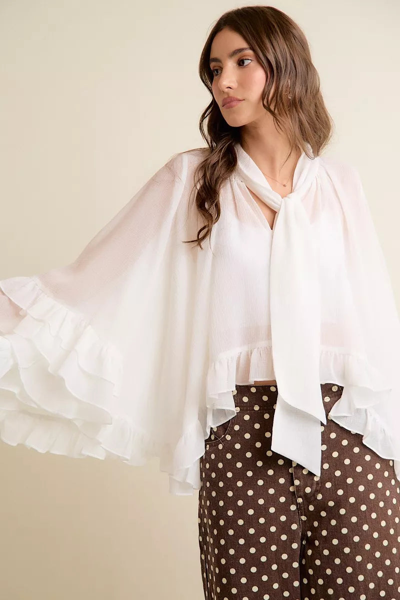 SO ME Sheer Ruffle Bell Sleeves Bow Tie Flowy Blouse Top on Simply Obsessed