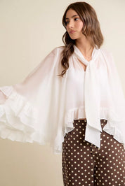SO ME Sheer Ruffle Bell Sleeves Bow Tie Flowy Blouse Top on Simply Obsessed