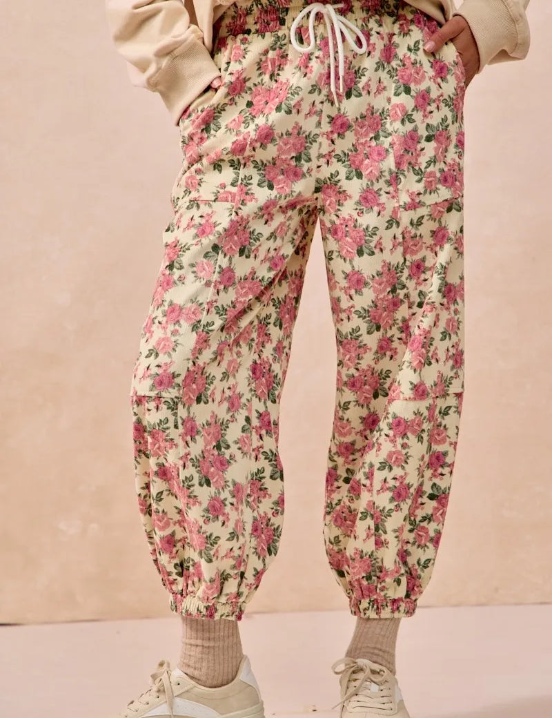 BIBI Floral Printed Twill Drawstring Pants With Elastic Band on Simply Obsessed