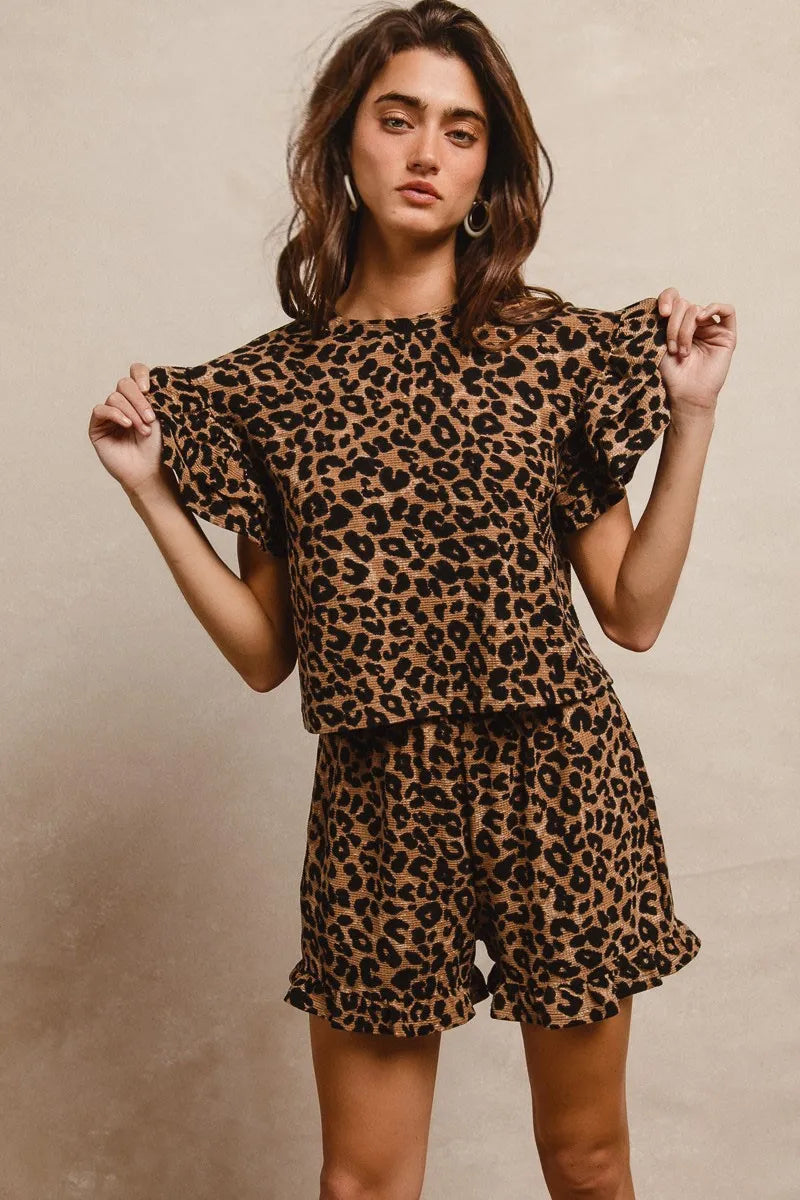 BIBI Leopard Print Waffle Texture Layered Ruffle Sleeve Top and Shorts Set on Simply Obsessed