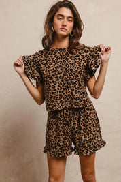 BIBI Leopard Print Waffle Texture Layered Ruffle Sleeve Top and Shorts Set on Simply Obsessed