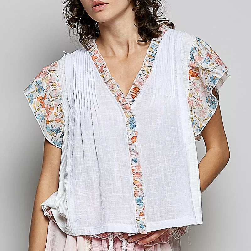 POL V-Neck Floral Ruffle Sleeve Blouse on Simply Obsessed