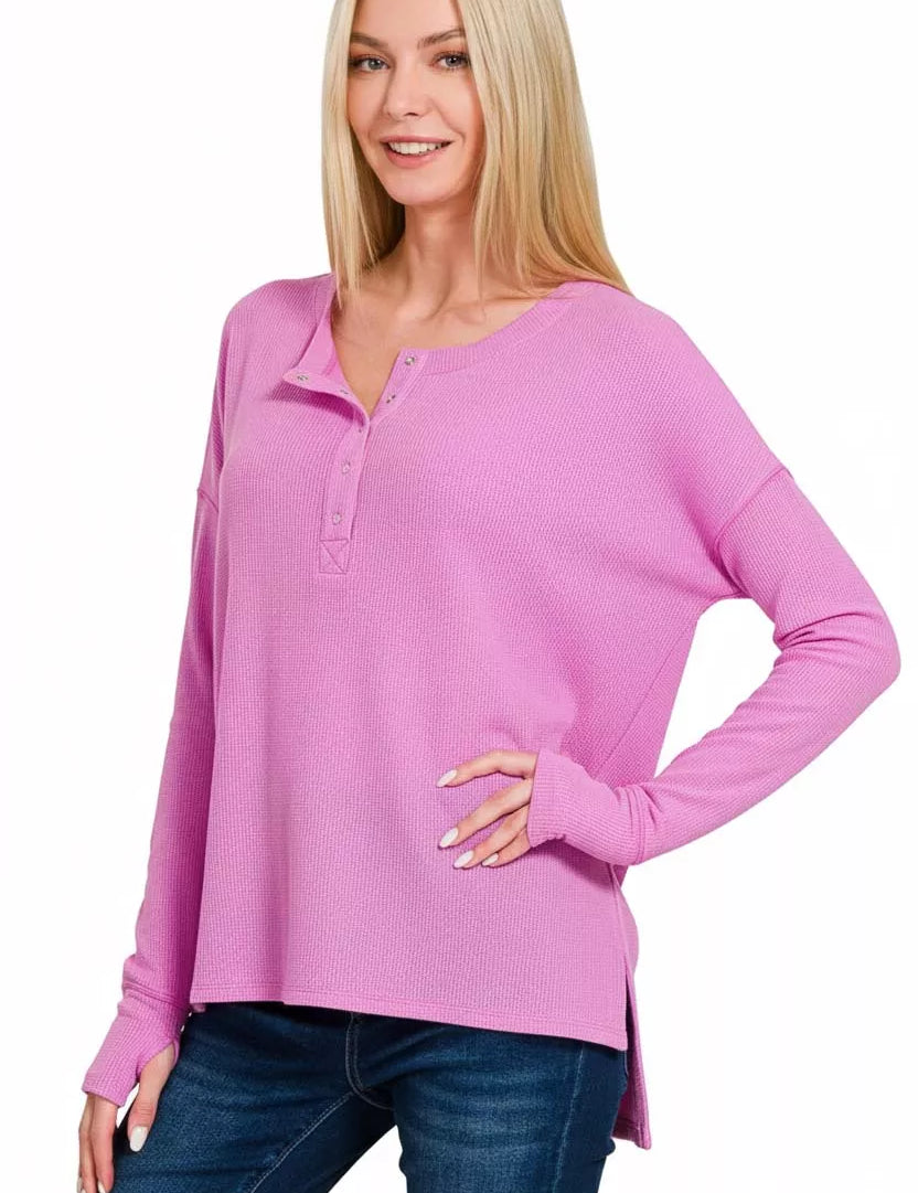 ZENANA Waffle Thumb Hole Cuffs Henley Tee on Simply Obsessed