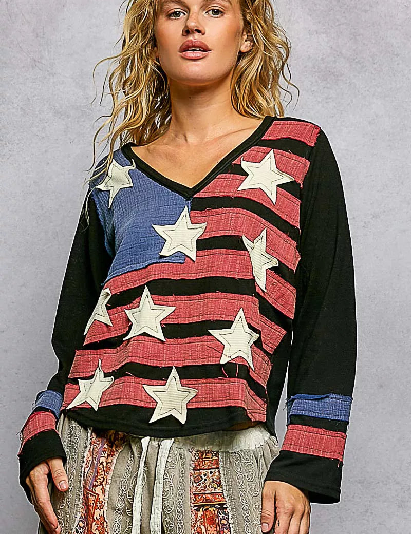 POL Double Gauze American Flag Patch V-Neck Long Sleeve T-Shirt on Simply Obsessed