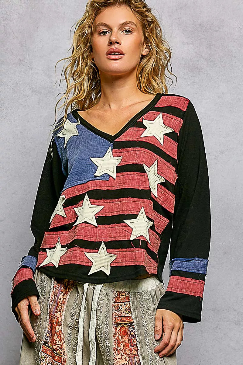 POL Double Gauze American Flag Patch V-Neck Long Sleeve T-Shirt on Simply Obsessed