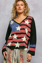 POL Double Gauze American Flag Patch V-Neck Long Sleeve T-Shirt on Simply Obsessed