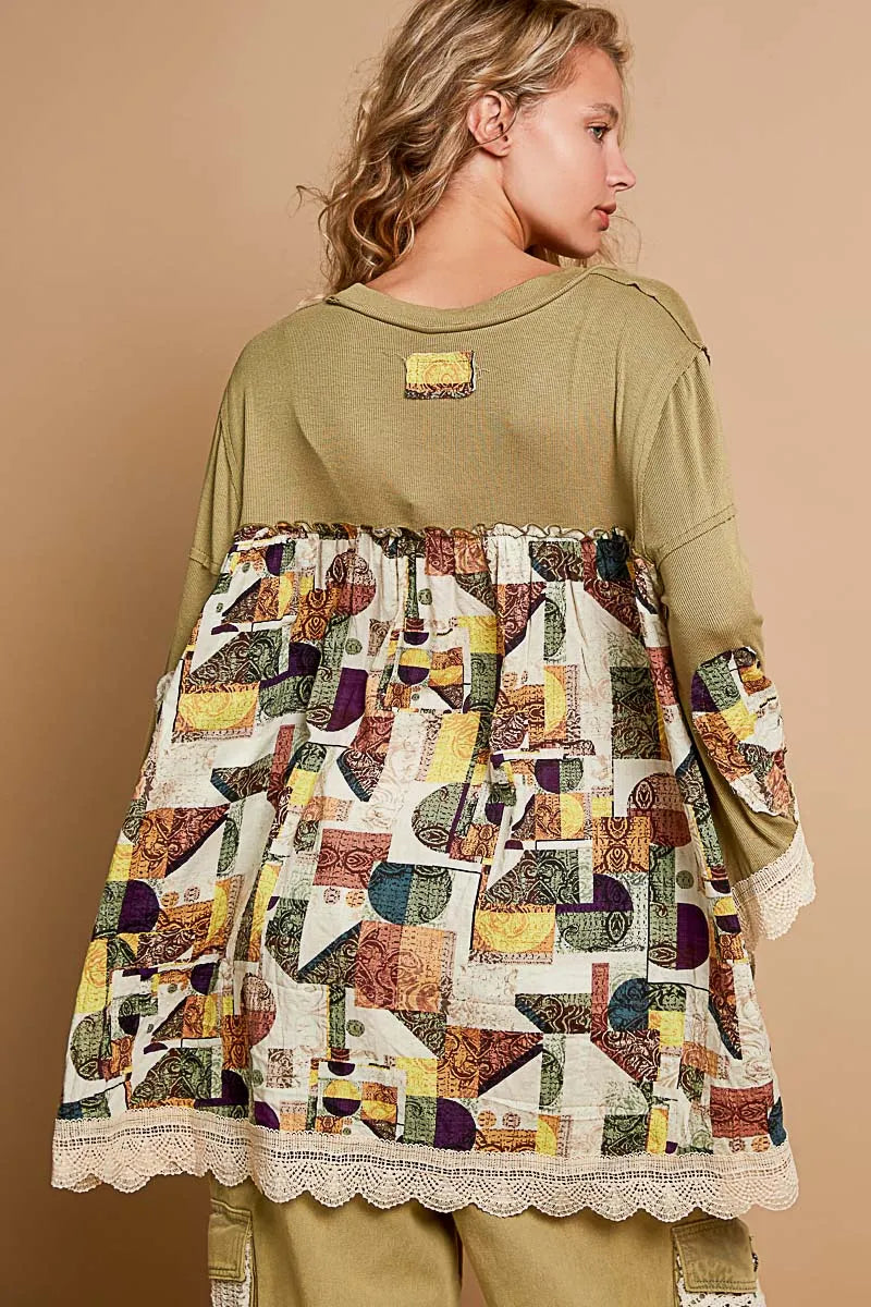 POL Bohemian Geometric Print Long Sleeve Top with Lace Trim on Simply Obsessed
