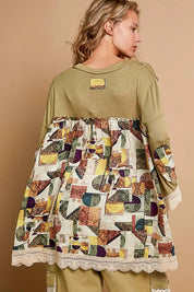 POL Bohemian Geometric Print Long Sleeve Top with Lace Trim on Simply Obsessed