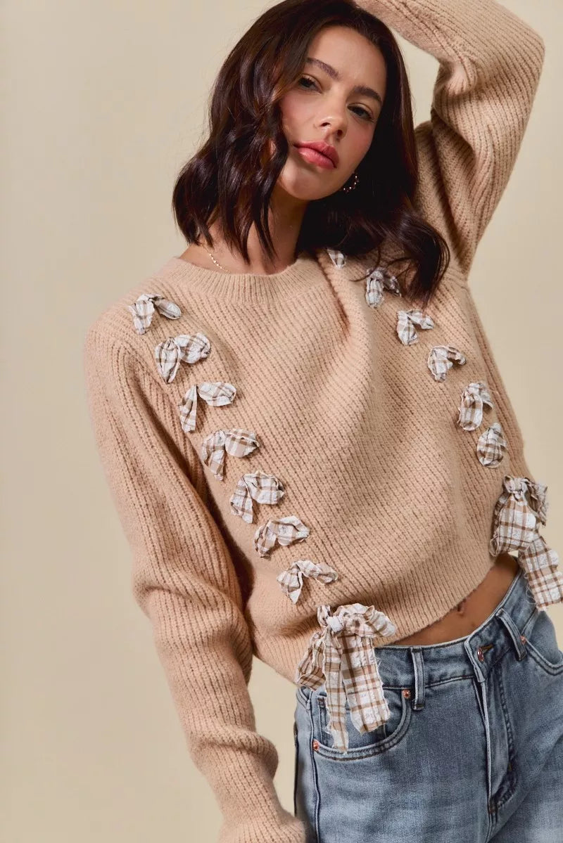 SO ME Checkered Plaid Tape Lace Up Ribbed Sweater on Simply Obsessed