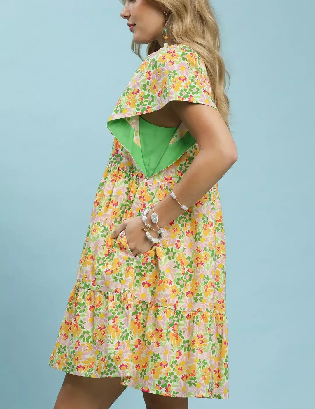 UMGEE Mix Floral Tiered Mini Dress with Side Pockets on Simply Obsessed