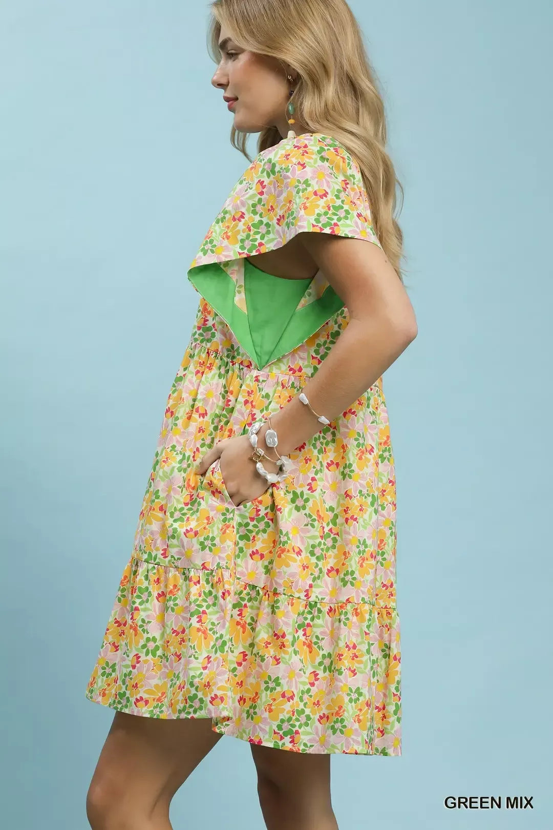 UMGEE Mix Floral Tiered Mini Dress with Side Pockets on Simply Obsessed