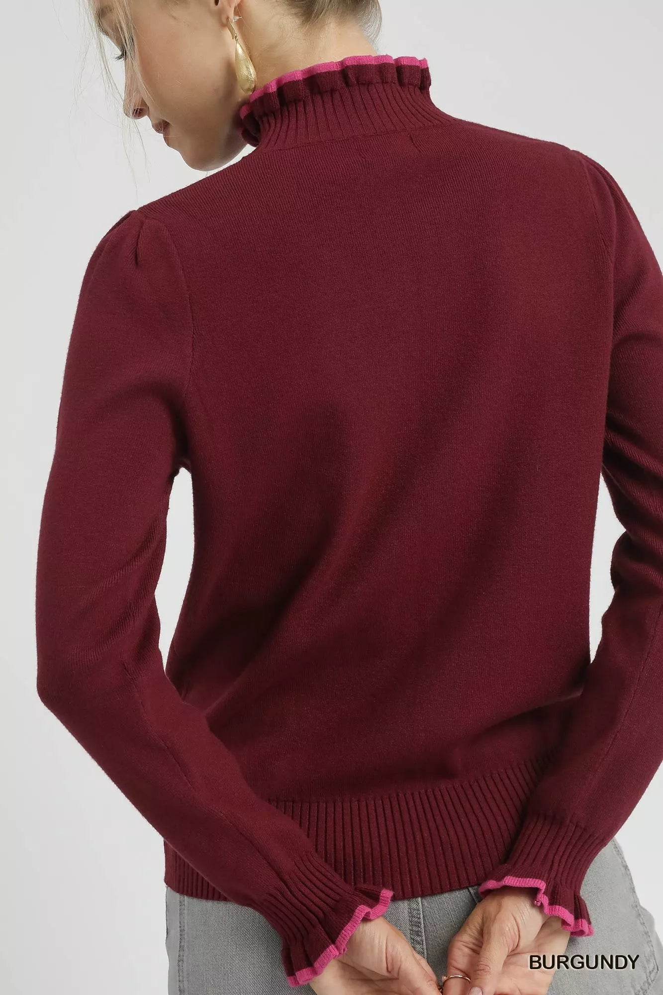 UMGEE Ribbed Round Neck Sweater with Ruffle Contrast Trim on Simply Obsessed