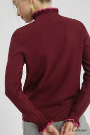 UMGEE Ribbed Round Neck Sweater with Ruffle Contrast Trim on Simply Obsessed