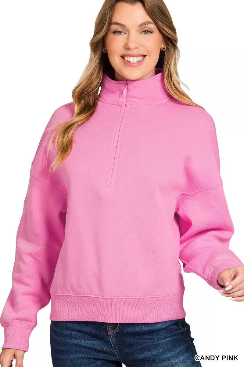 ZENANA Fleece High Neck Half Zip Sweatshirt on Simply Obsessed
