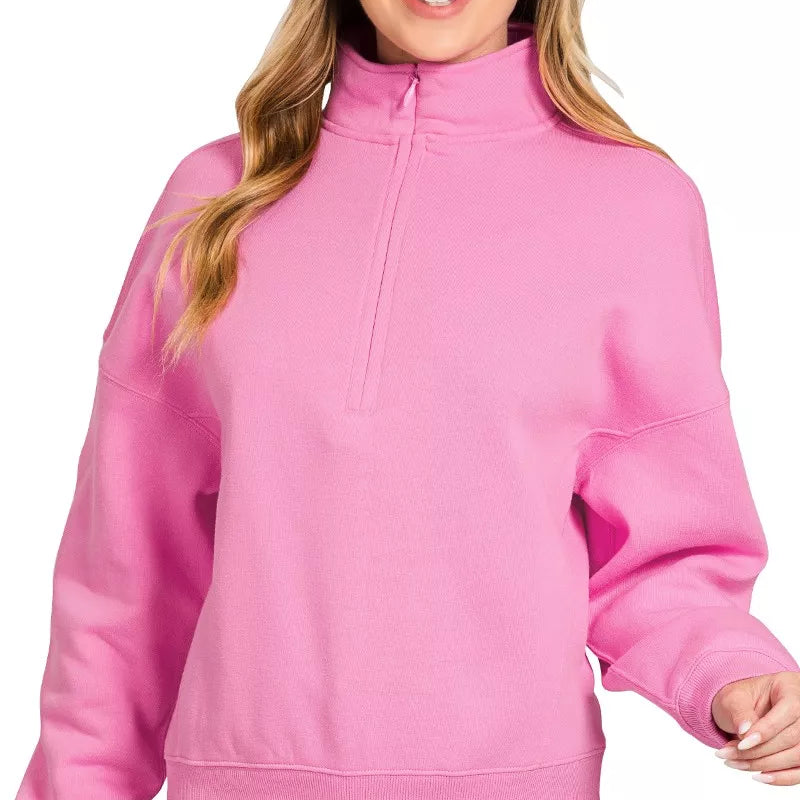 ZENANA Fleece High Neck Half Zip Sweatshirt on Simply Obsessed