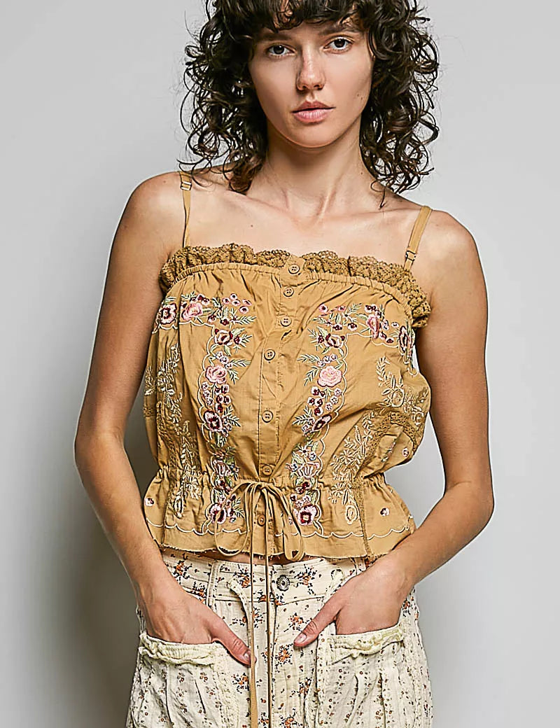 POL Button Down Floral Embroidered Cropped Cami with Lace Detail on Simply Obsessed