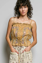 POL Button Down Floral Embroidered Cropped Cami with Lace Detail on Simply Obsessed