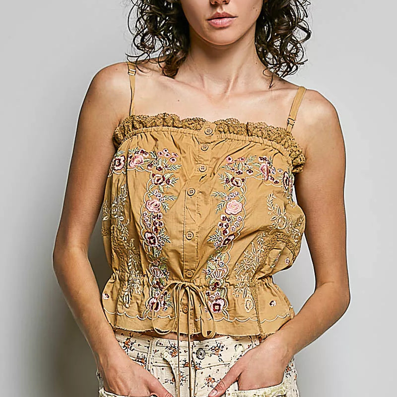 POL Button Down Floral Embroidered Cropped Cami with Lace Detail on Simply Obsessed