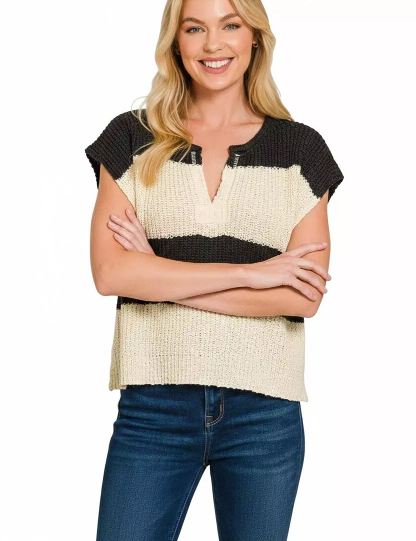 ZENANA Split Neck Sleeveless Stripe Sweater on Simply Obsessed